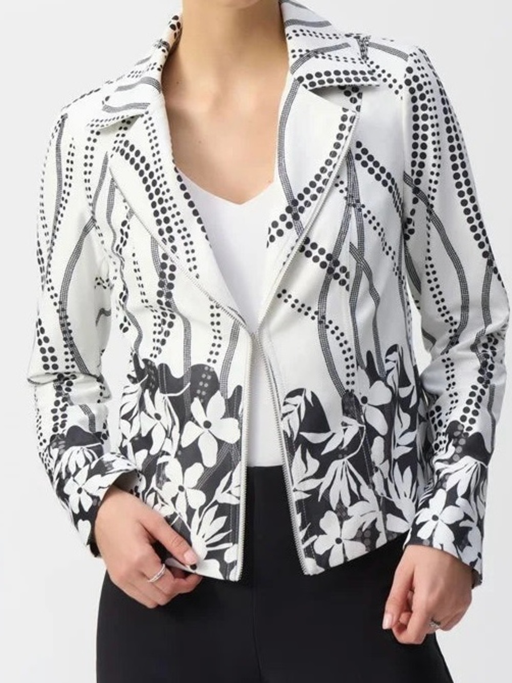 Joseph Ribkoff Black & White Floral Moto Jacket. NWOT. Sz. L
